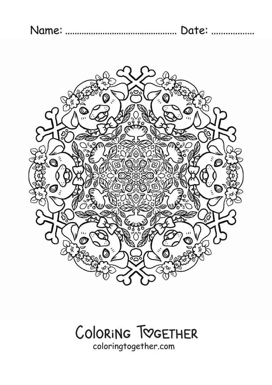 Coloring page of a dog mandala for primary school kids