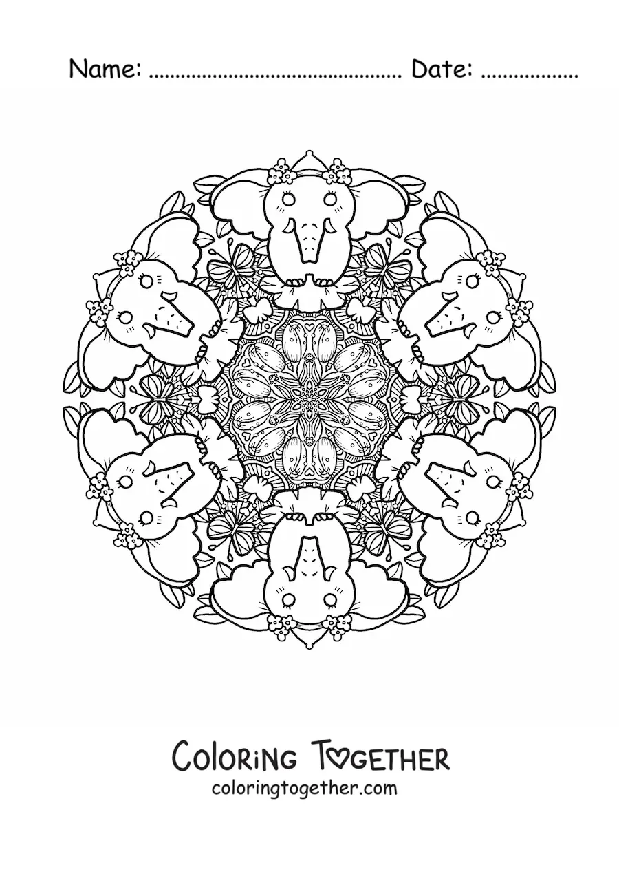 Coloring page of an elephant mandala for primary school kids