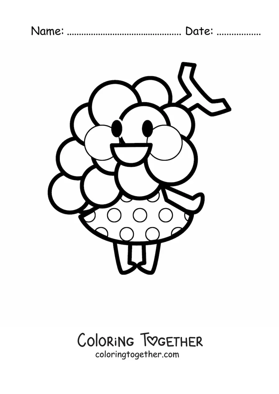 Coloring page of cartoon grapes in a kawaii dress