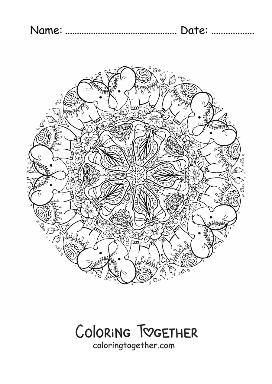 Coloring page of an elephant mandala for primary school kids