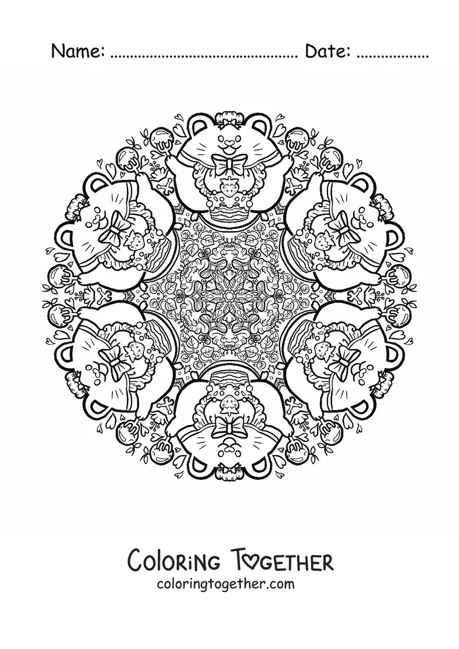 Coloring page of a mandala of mice and cakes for primary school kids