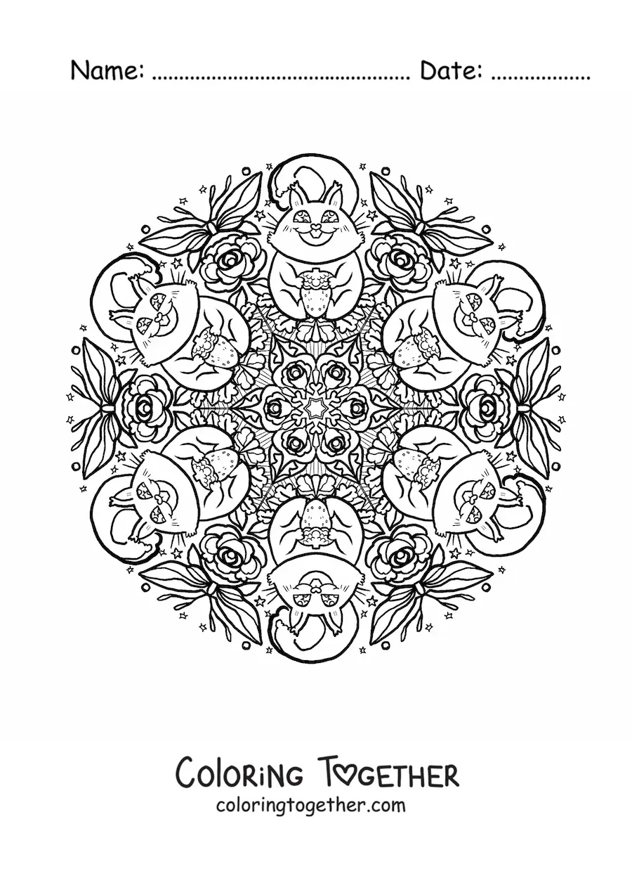 Coloring page of a squirrel mandala for primary school kids