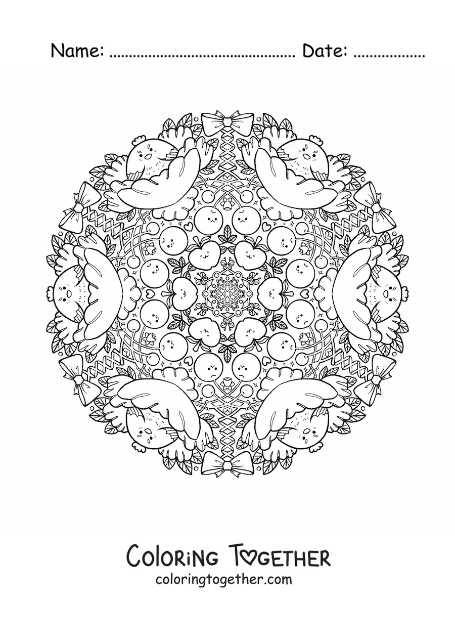 Coloring page of a mandala of hens and fruit for primary school kids