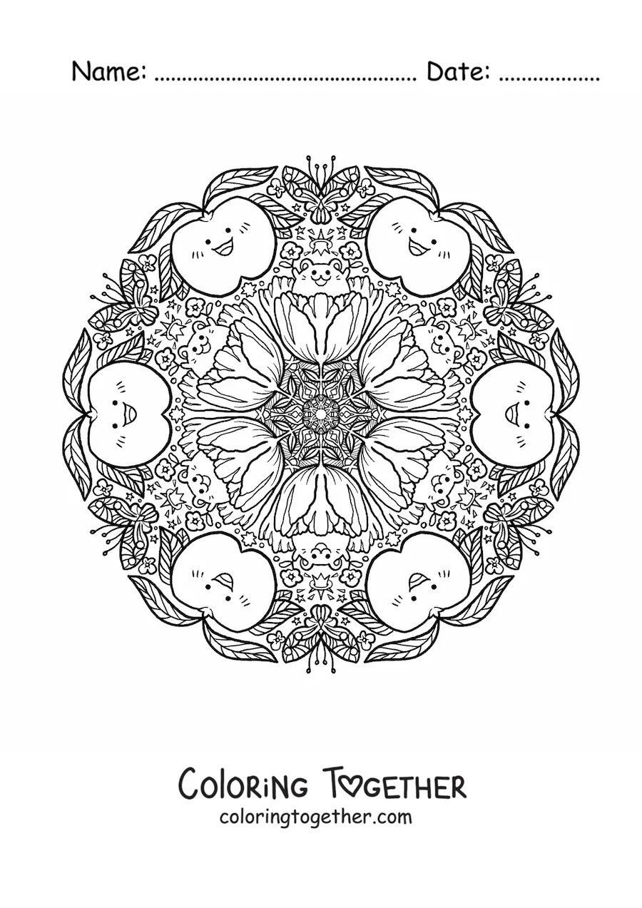 Coloring page of an apple mandala for primary school kids