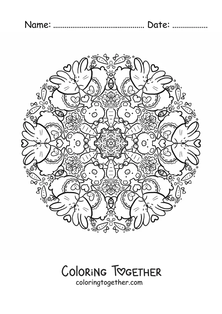 Coloring page of a mandala of rabbits in love for kids