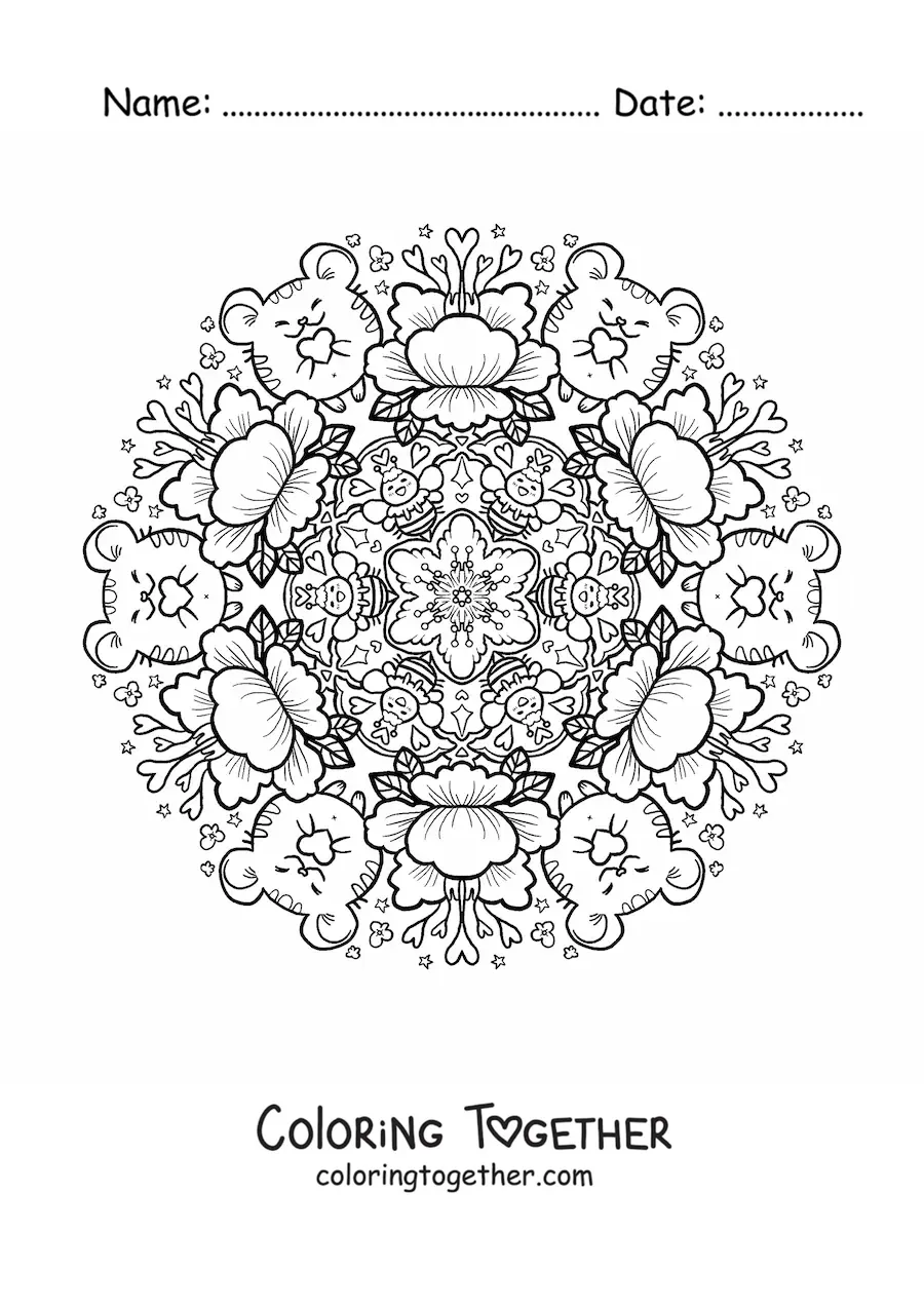 Coloring page of a mandala of animals and flowers for kids