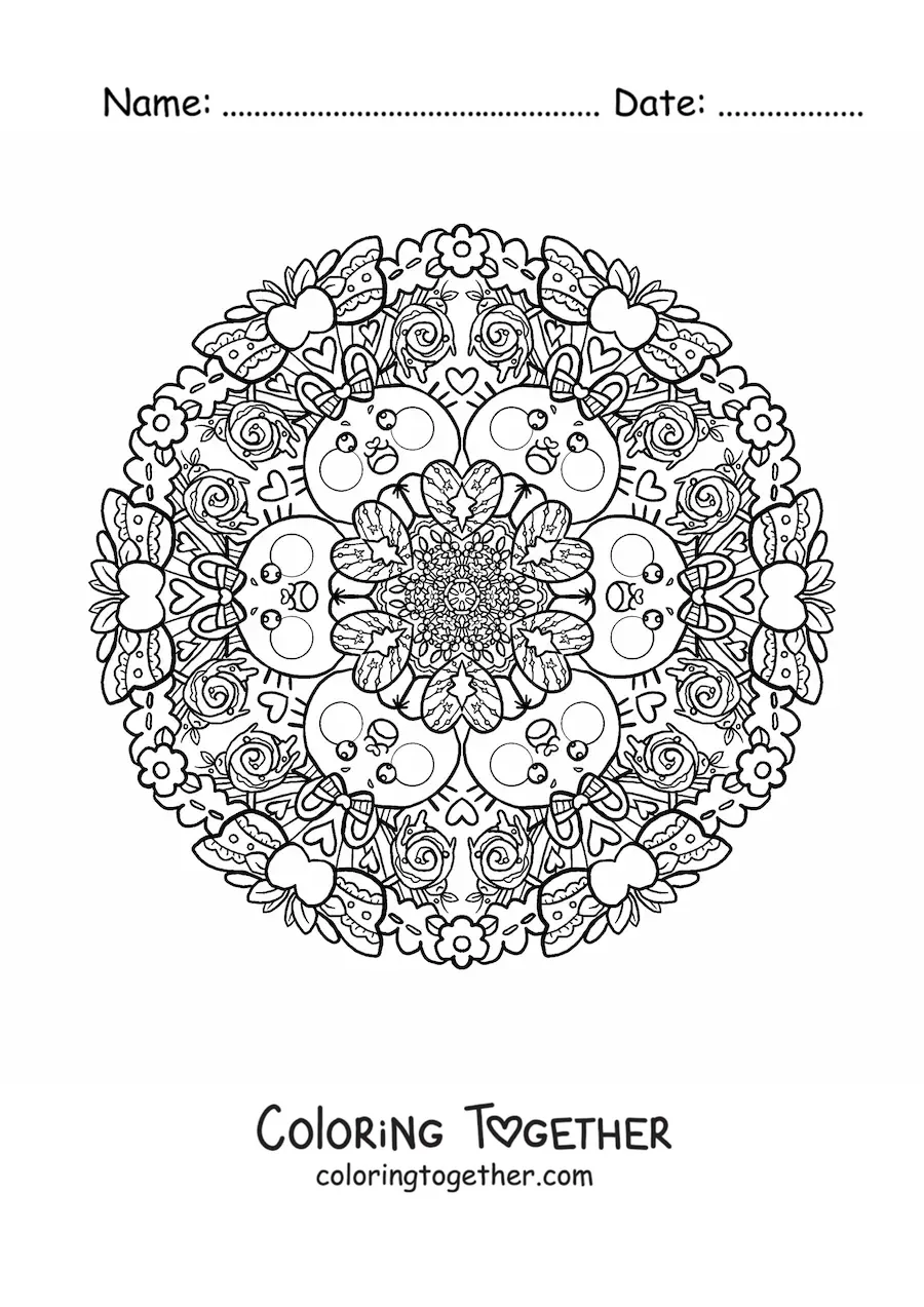 Coloring page of a mandala of rabbits and hearts for kids