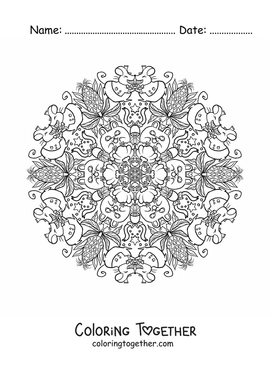 Coloring page of a mandala of mice in love for kids