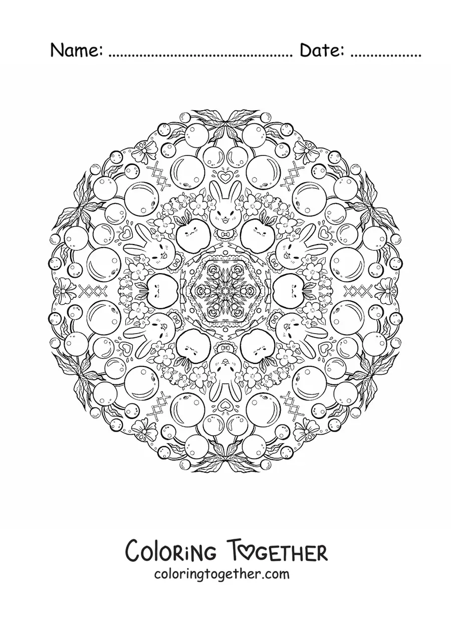 Coloring page of a mandala of rabbits and fruit for kids