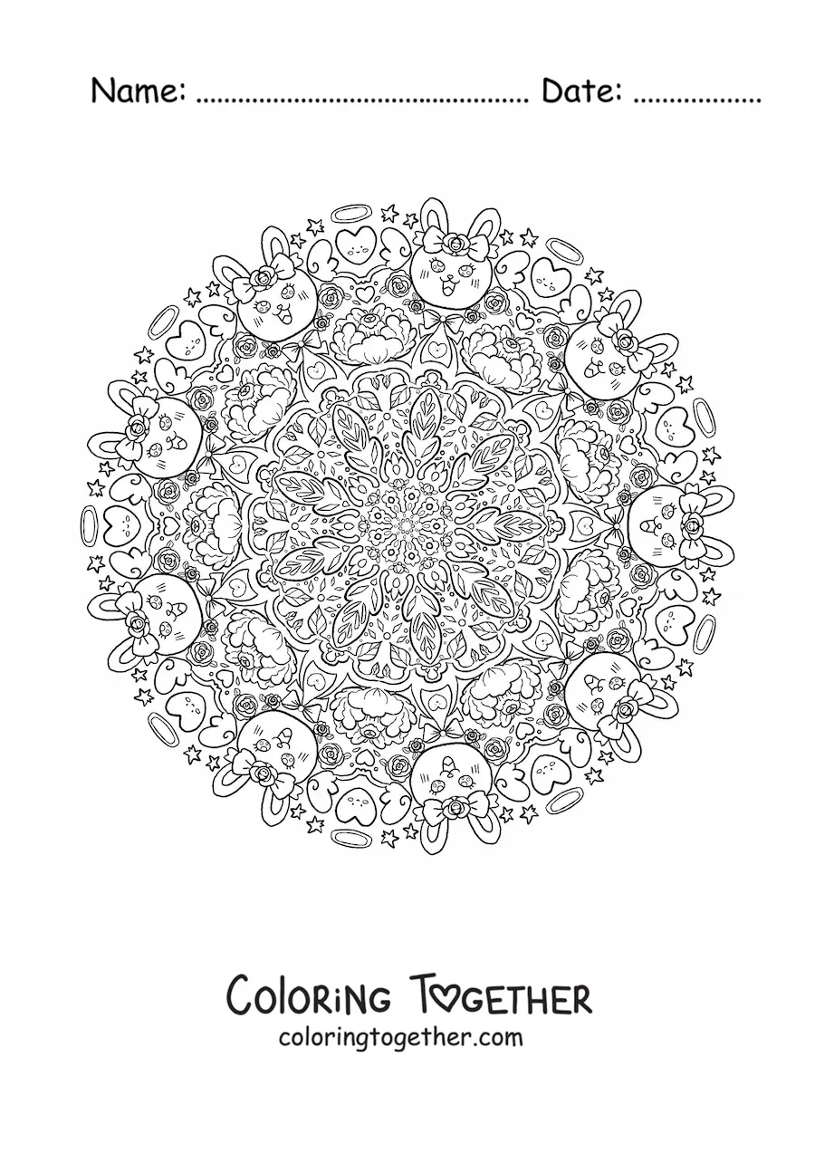 Coloring page of a mandala of cute rabbits for kids