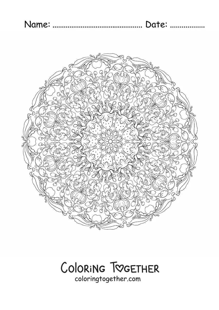 Coloring page of a mandala of strawberries and flowers for kids