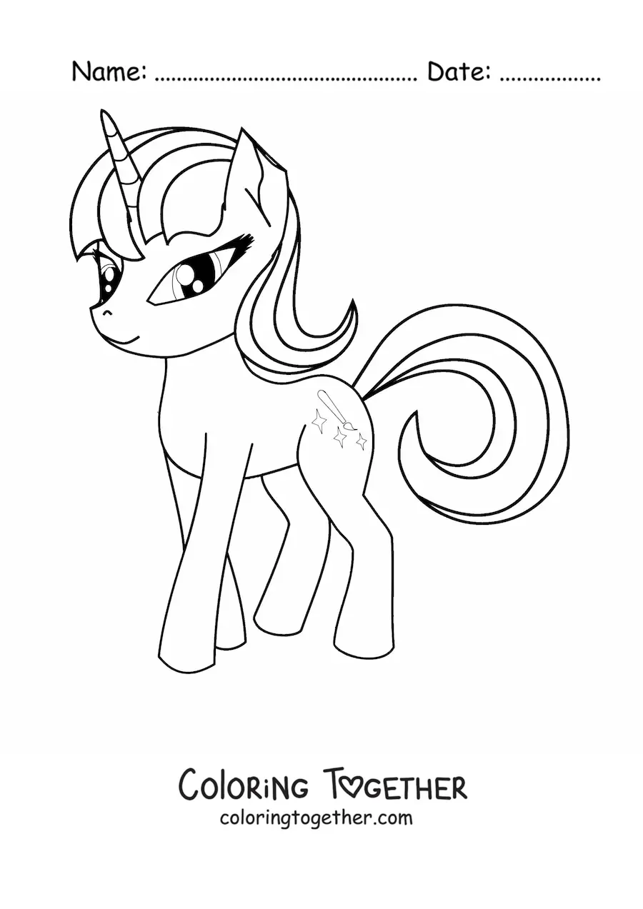Coloring page of a unicorn pony