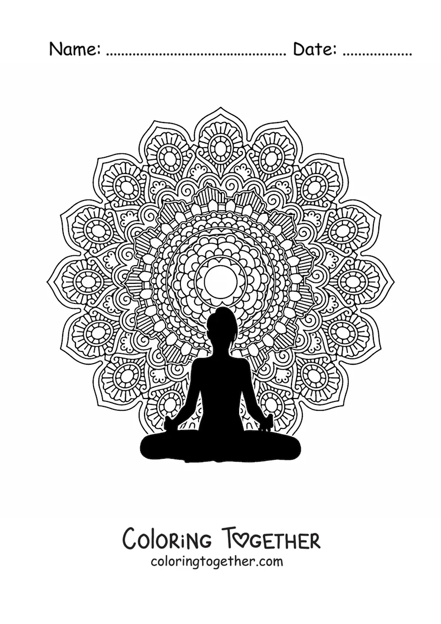 Coloring page of a mandala of a woman meditating