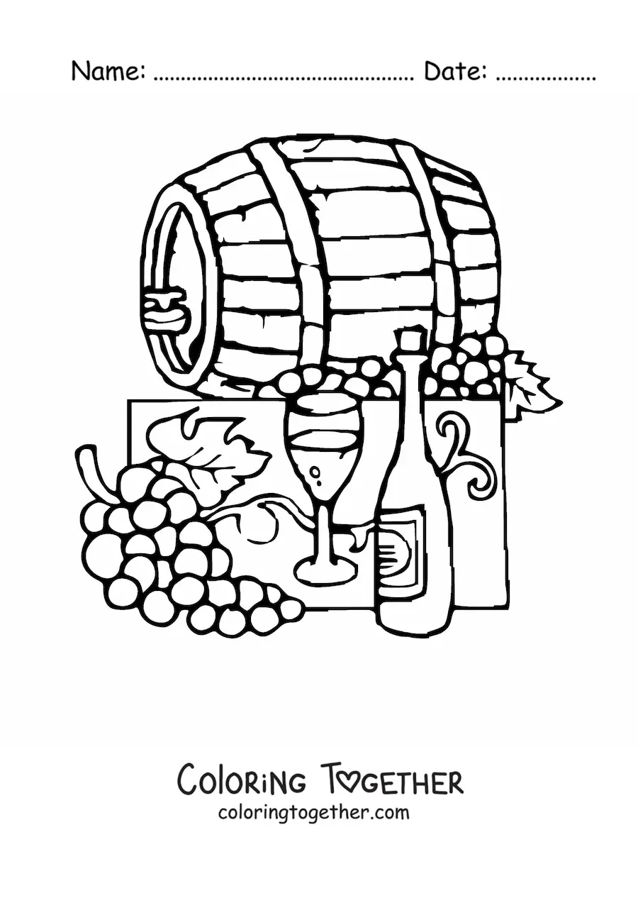 Coloring page of several grapes next to a barrel and a bottle of wine
