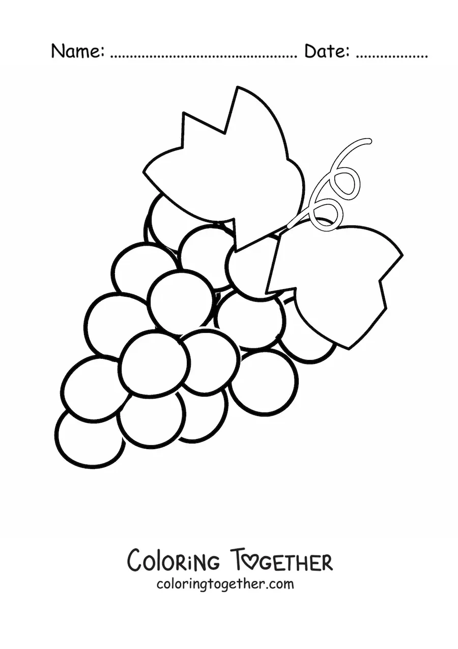 Coloring page of a bunch of grapes with two leaves