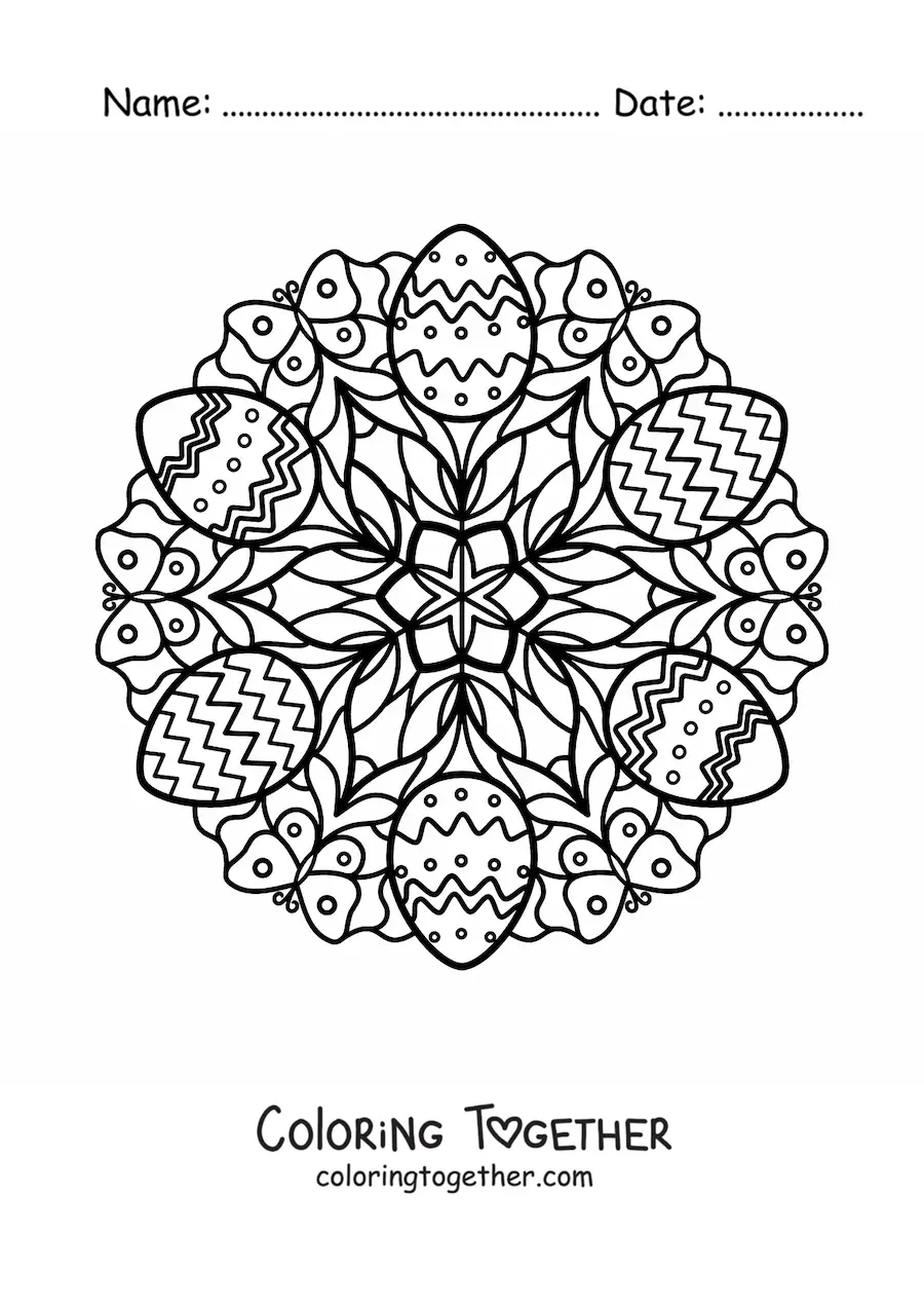 Coloring page of an Easter eggs and butterflies mandala for kids