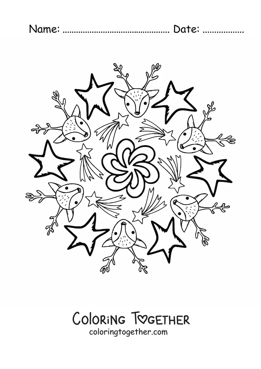 Coloring page of a Christmas reindeer and stars mandala for kids