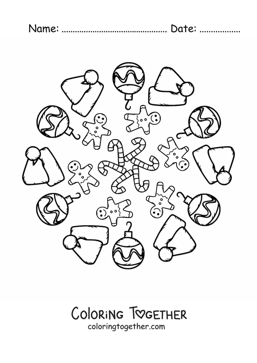 Coloring page of a Christmas candy mandala for kids