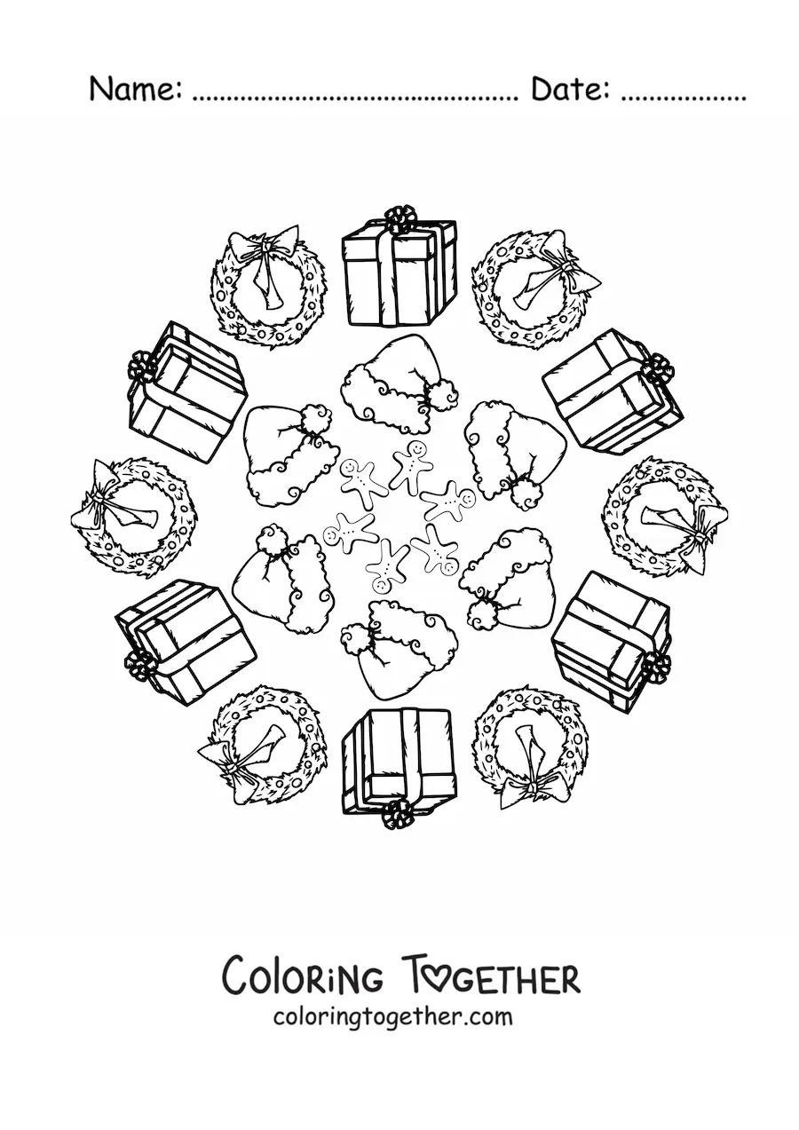 Coloring page of a Christmas gifts and hats mandala for kids