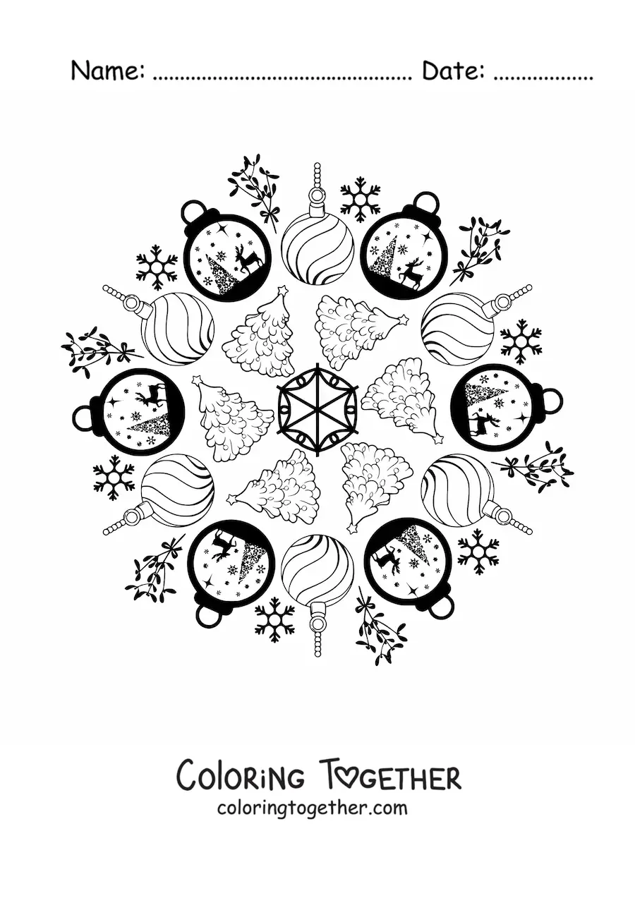 Coloring page of a Christmas baubles and trees mandala for kids