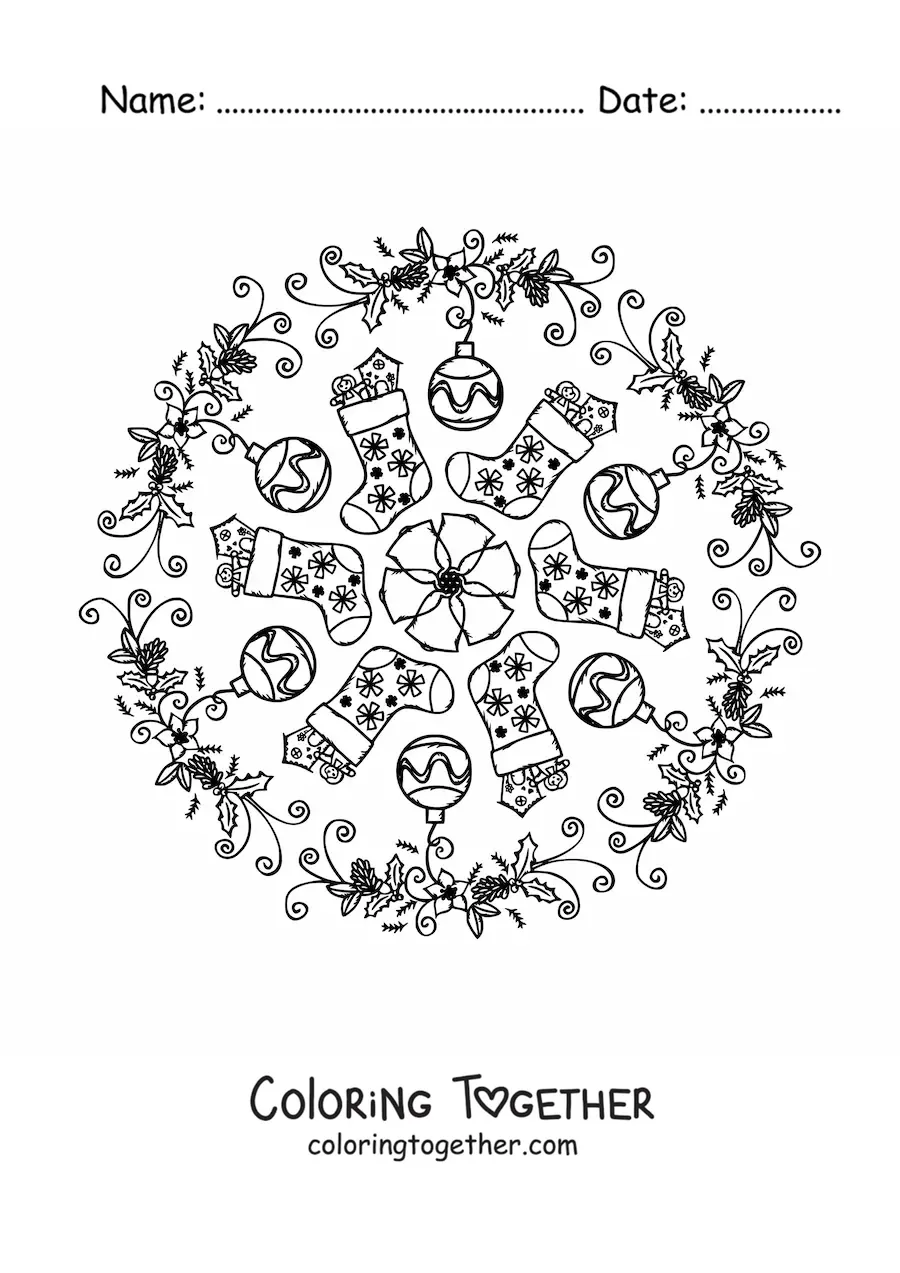 Coloring page of a Christmas ornaments mandala for kids