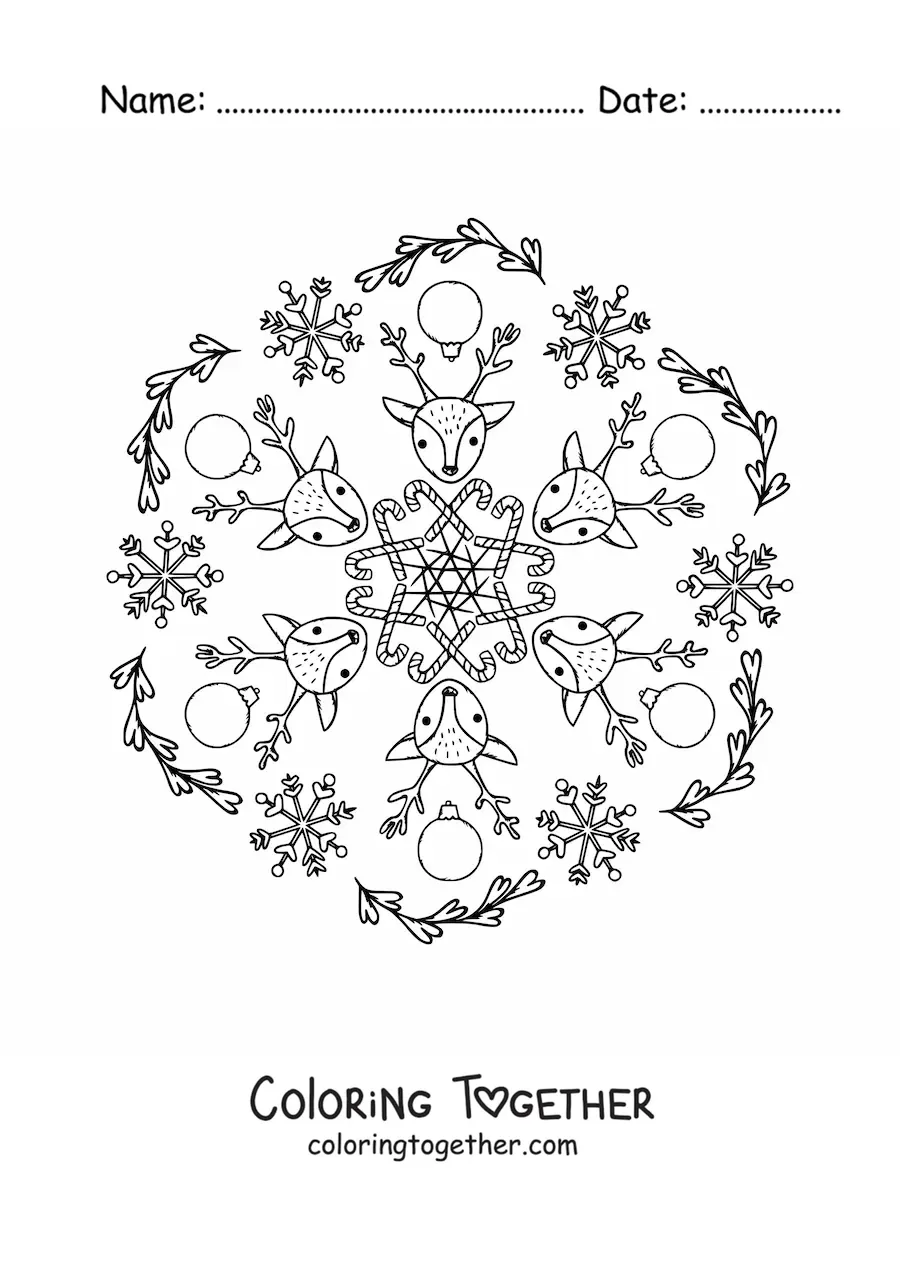 Coloring page of a Christmas reindeer and baubles mandala for kids