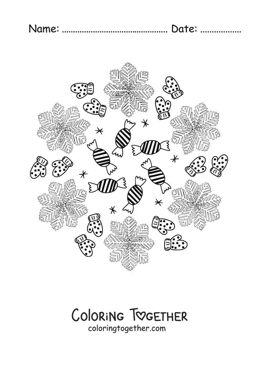 Coloring page of a Christmas candy and gloves mandala for kids
