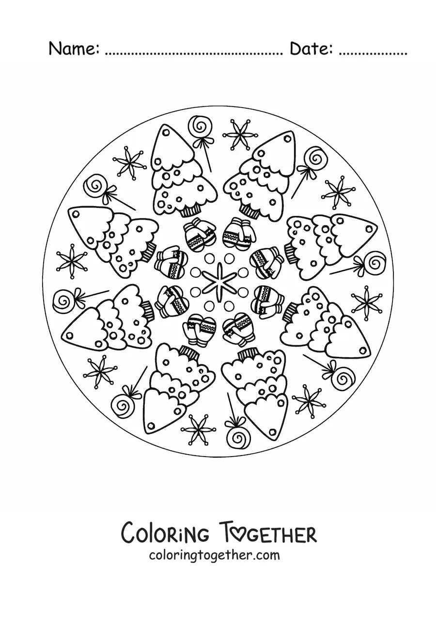 Coloring page of a Christmas tree mandala for kids