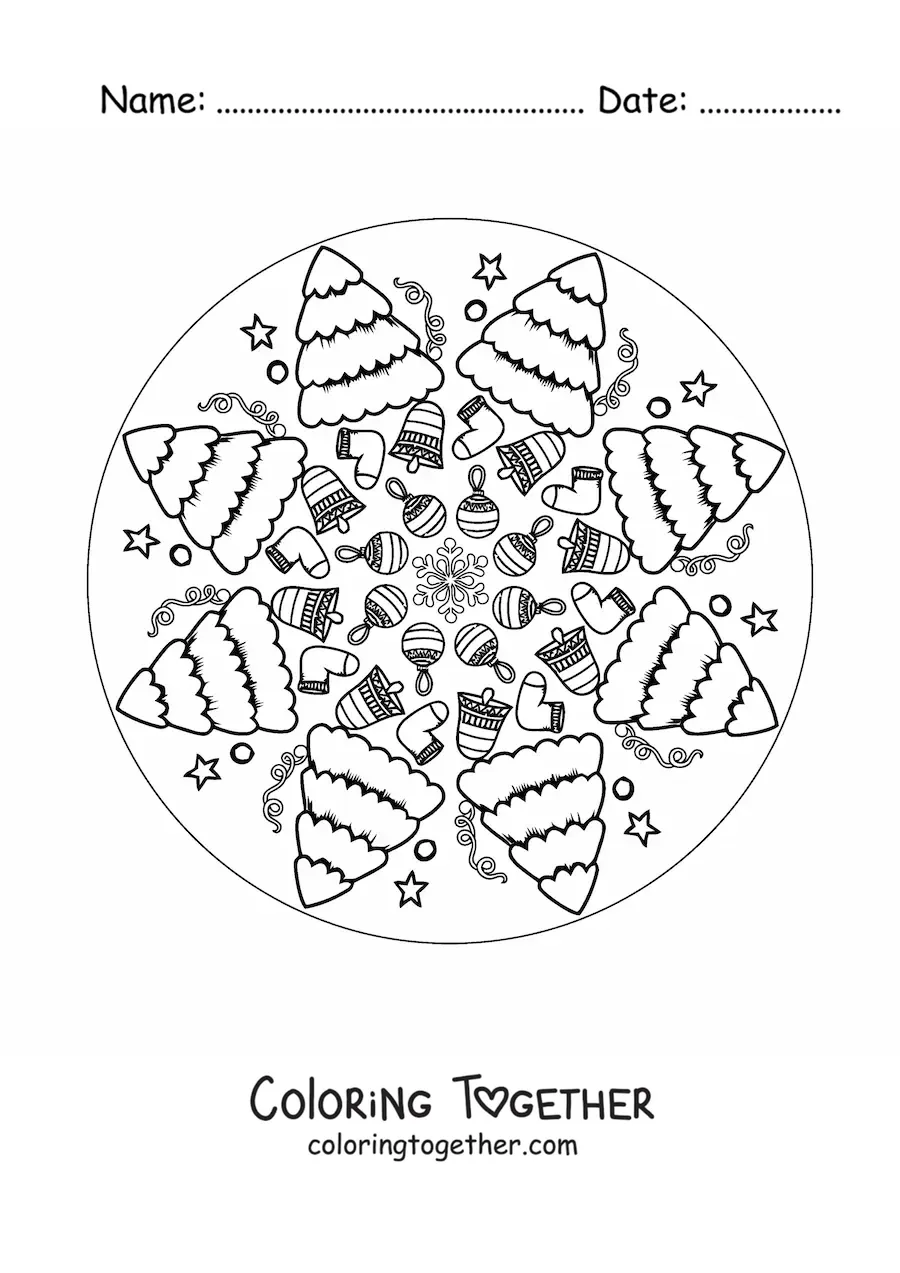 Coloring page of a Christmas tree mandala for kids