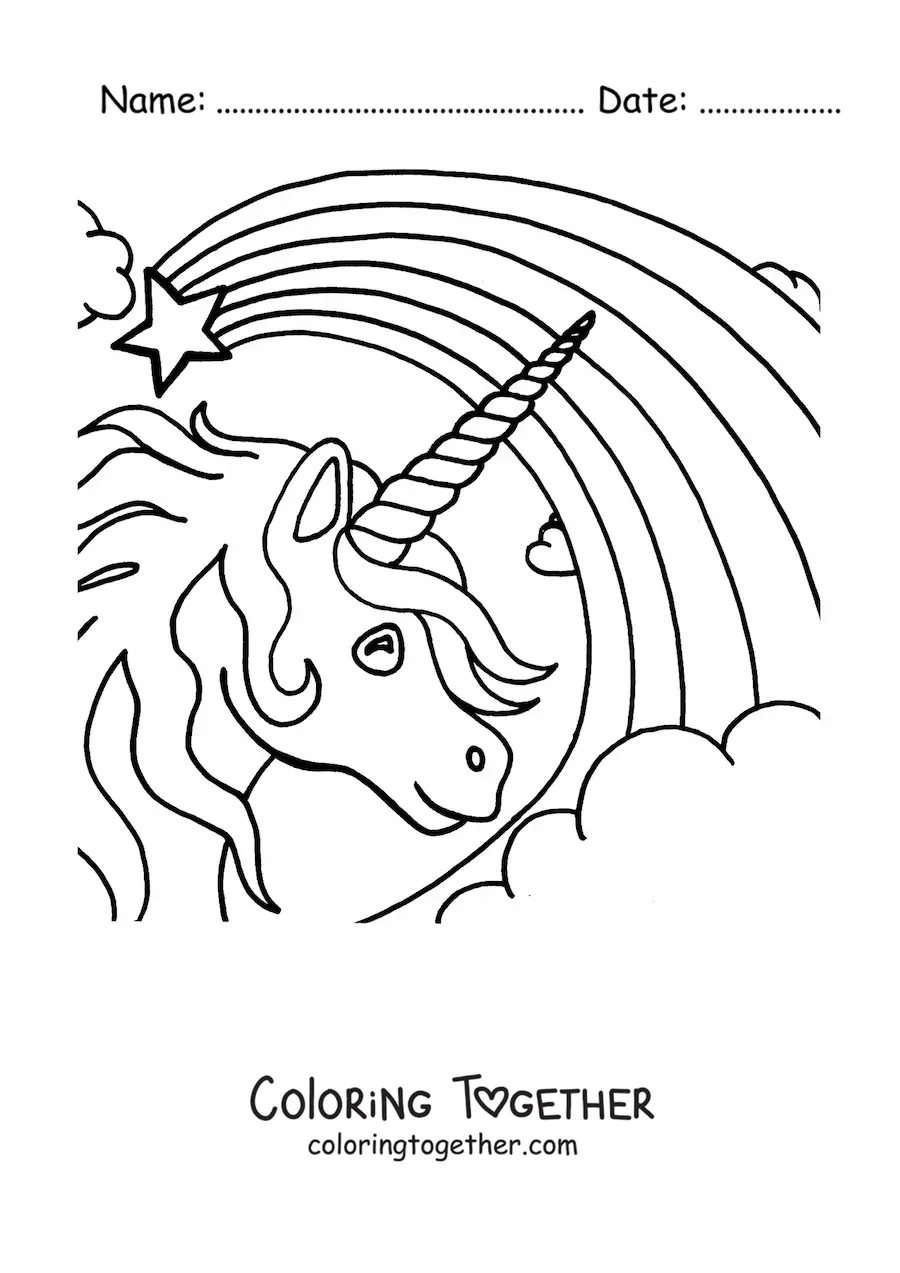 Coloring page of a unicorn's head with a rainbow in the background