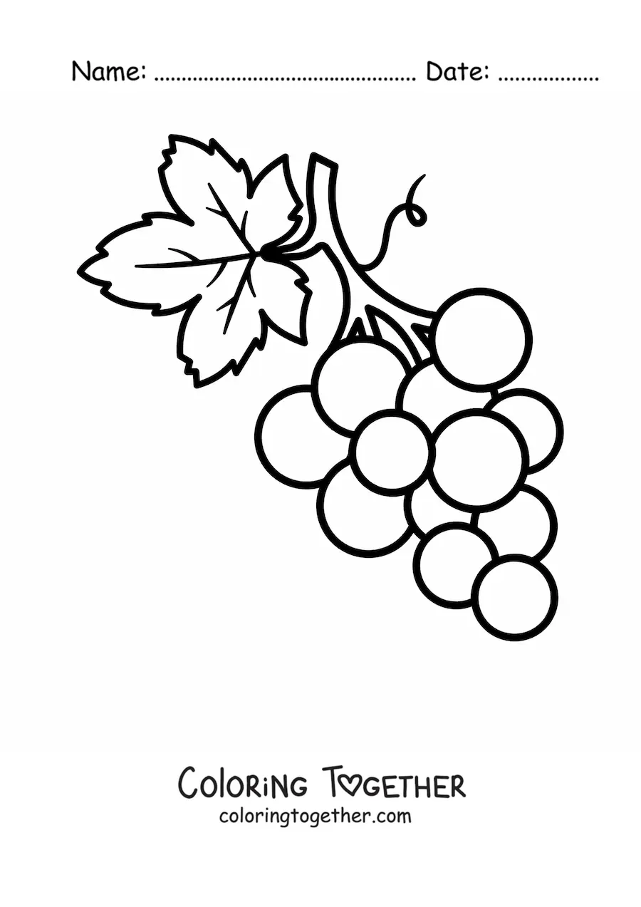 Coloring page of a small bunch of grapes with one big leaf