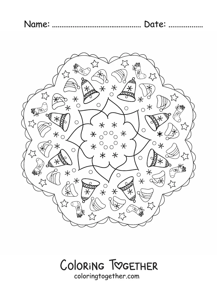 Coloring page of a Christmas bells mandala for kids