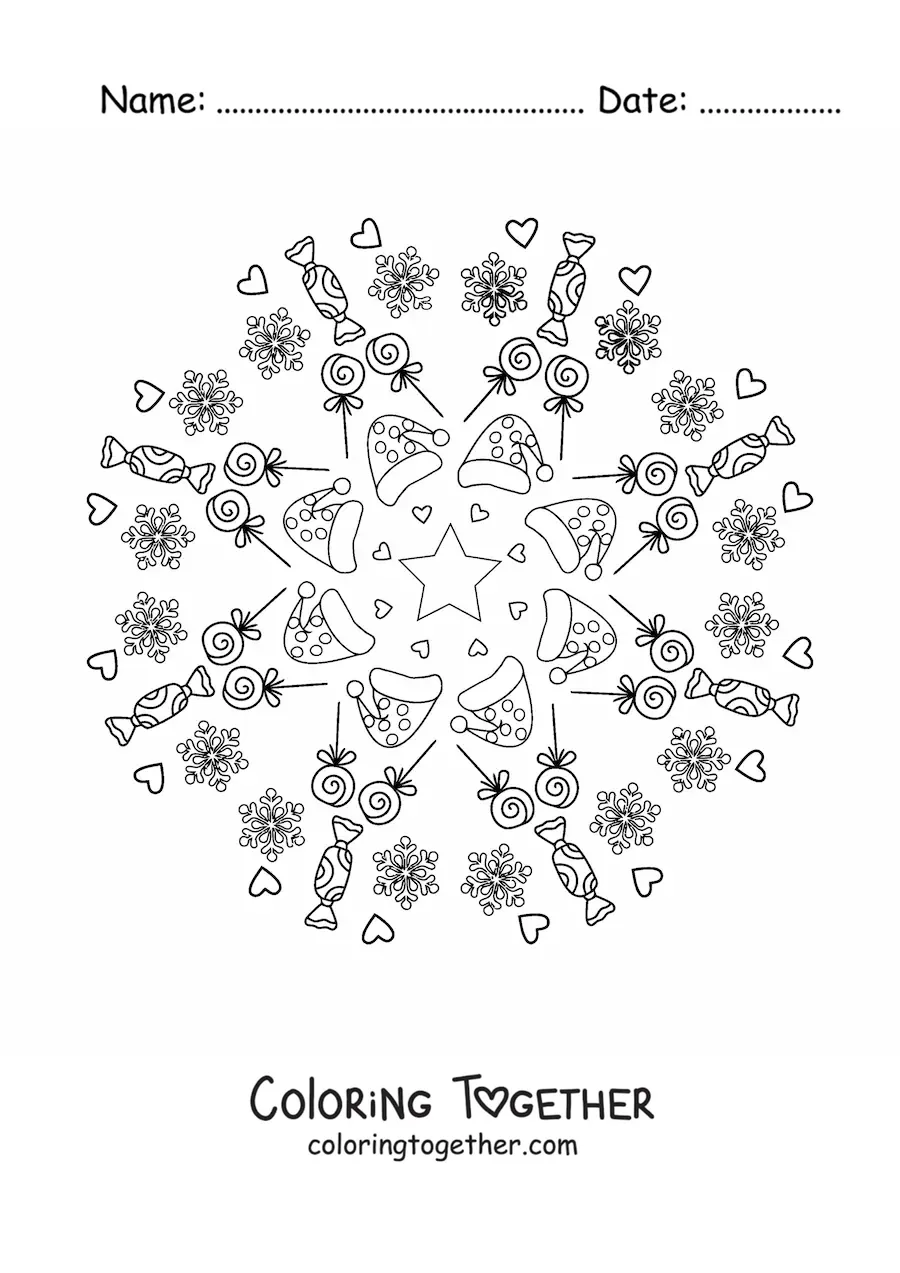 Coloring page of a Christmas candy mandala for kids