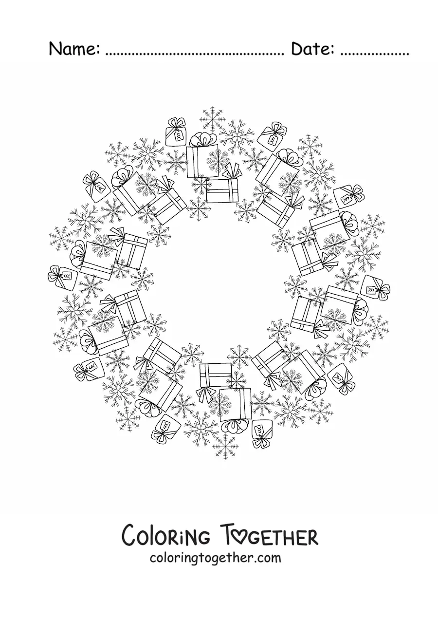 Coloring page of a Christmas gifts mandala for kids