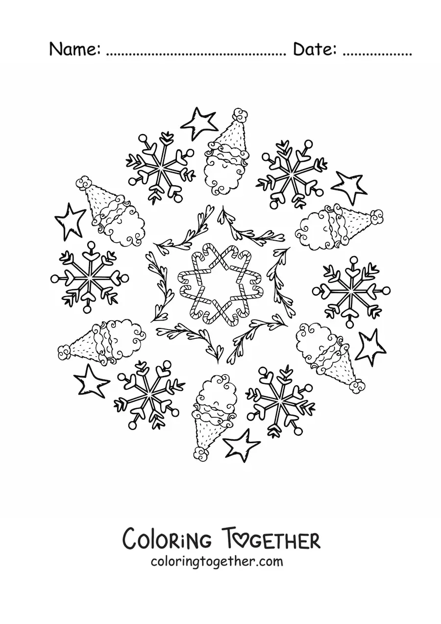Coloring page of a Christmas Santa mandala for kids