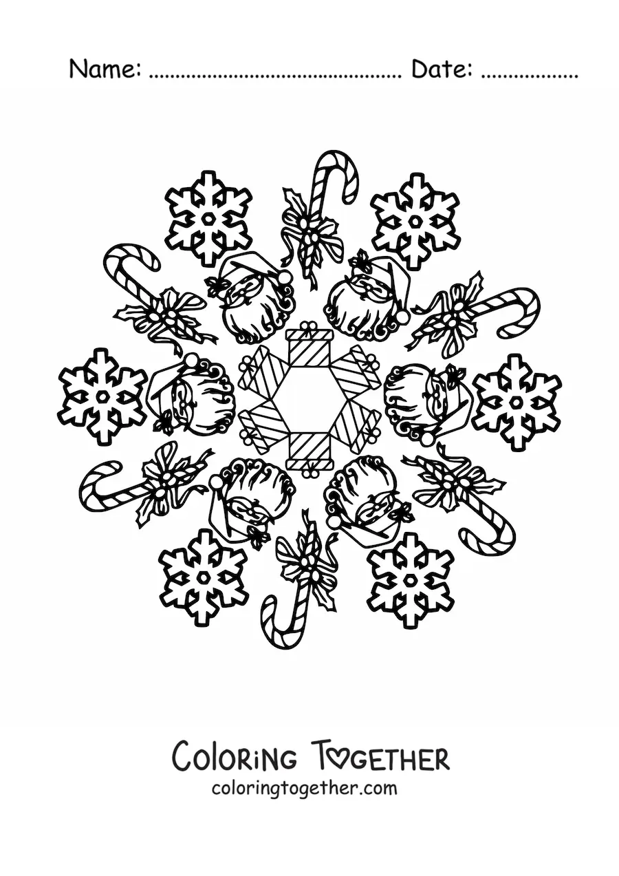 Coloring page of a Christmas Santa mandala for kids