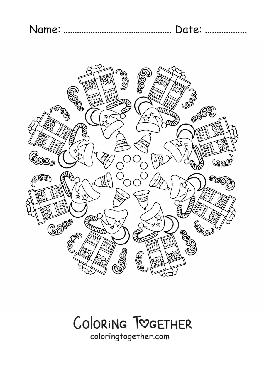 Coloring page of a Christmas gifts mandala