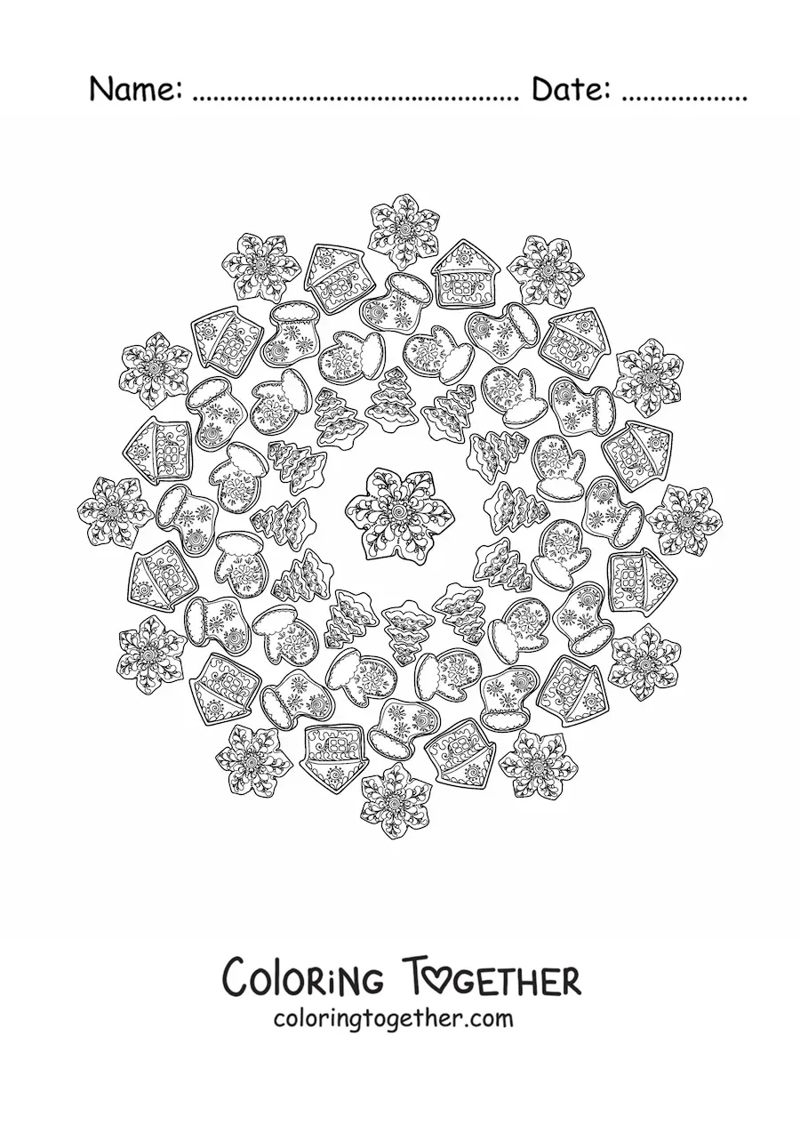 Coloring page of a Christmas cookies mandala