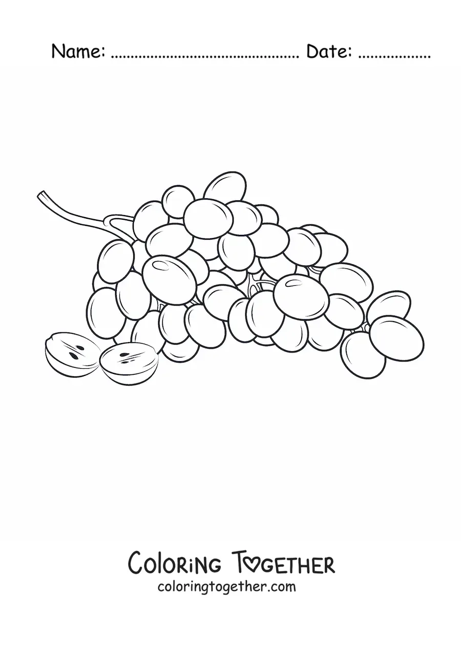 Coloring page of a bunch of grapes with one cut grape