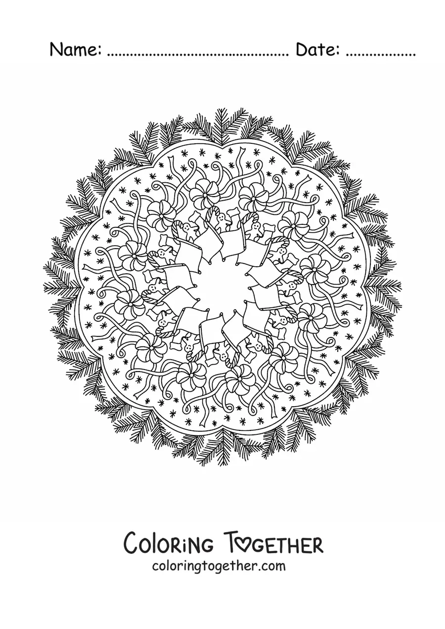 Coloring page of a Christmas mandala with flowers