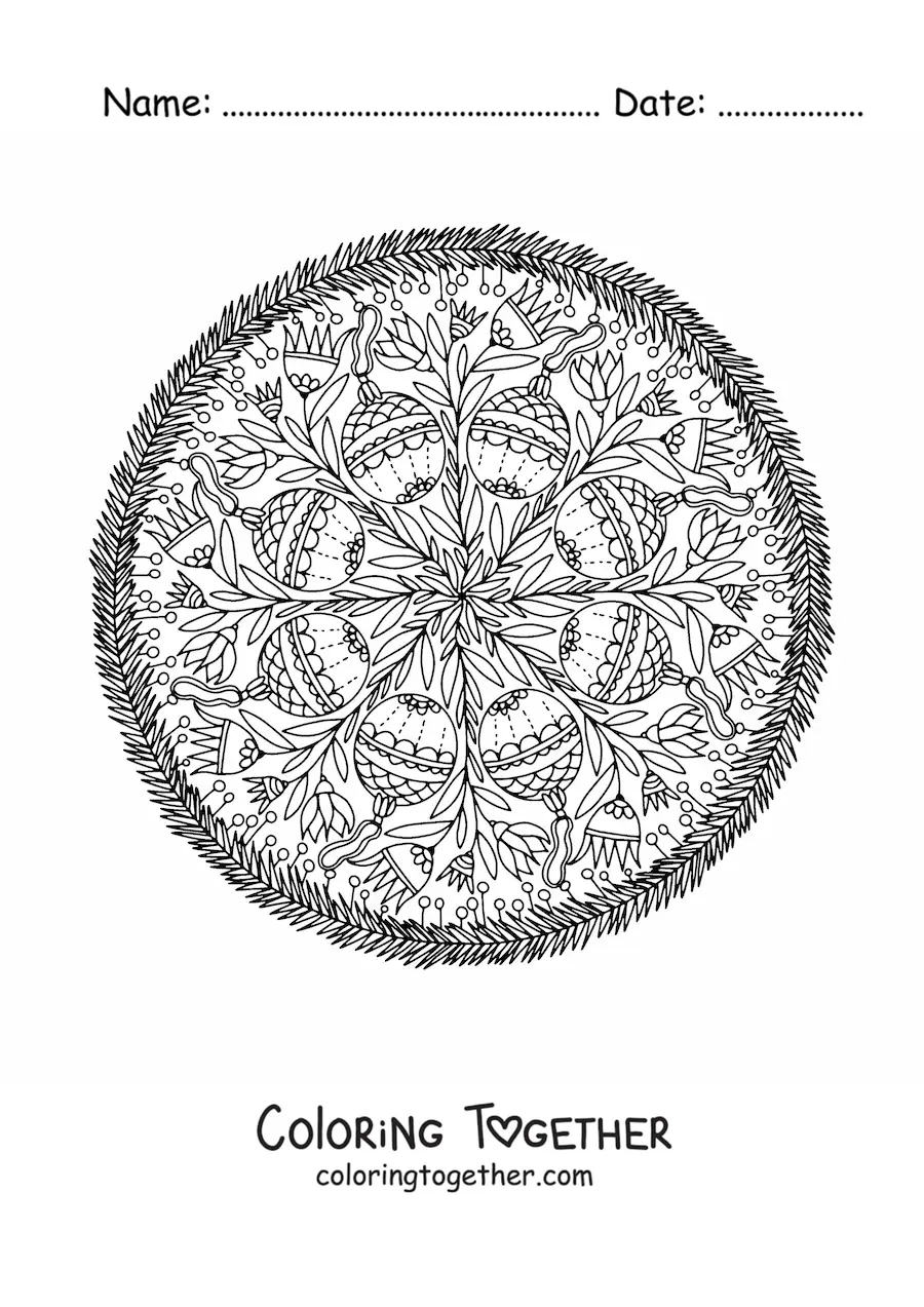 Coloring page of a mandala with Christmas baubles