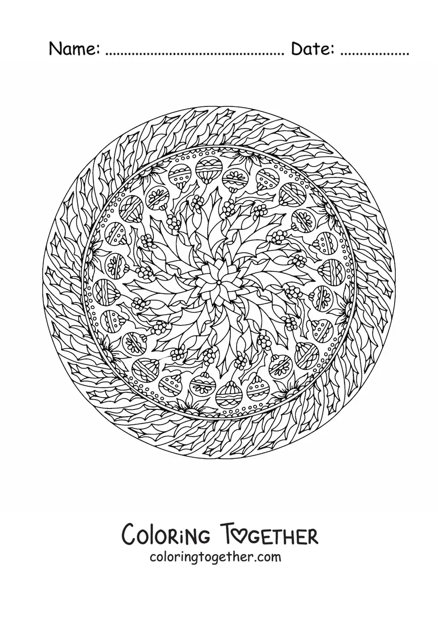 Coloring page of a mandala with Christmas baubles