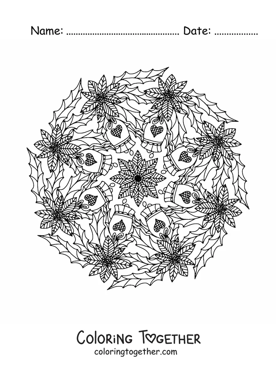 Coloring page of a Christmas mandala with bells and flowers