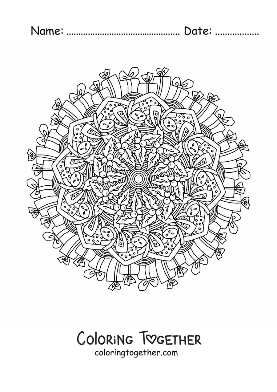 Coloring page of a Christmas mandala with gifts
