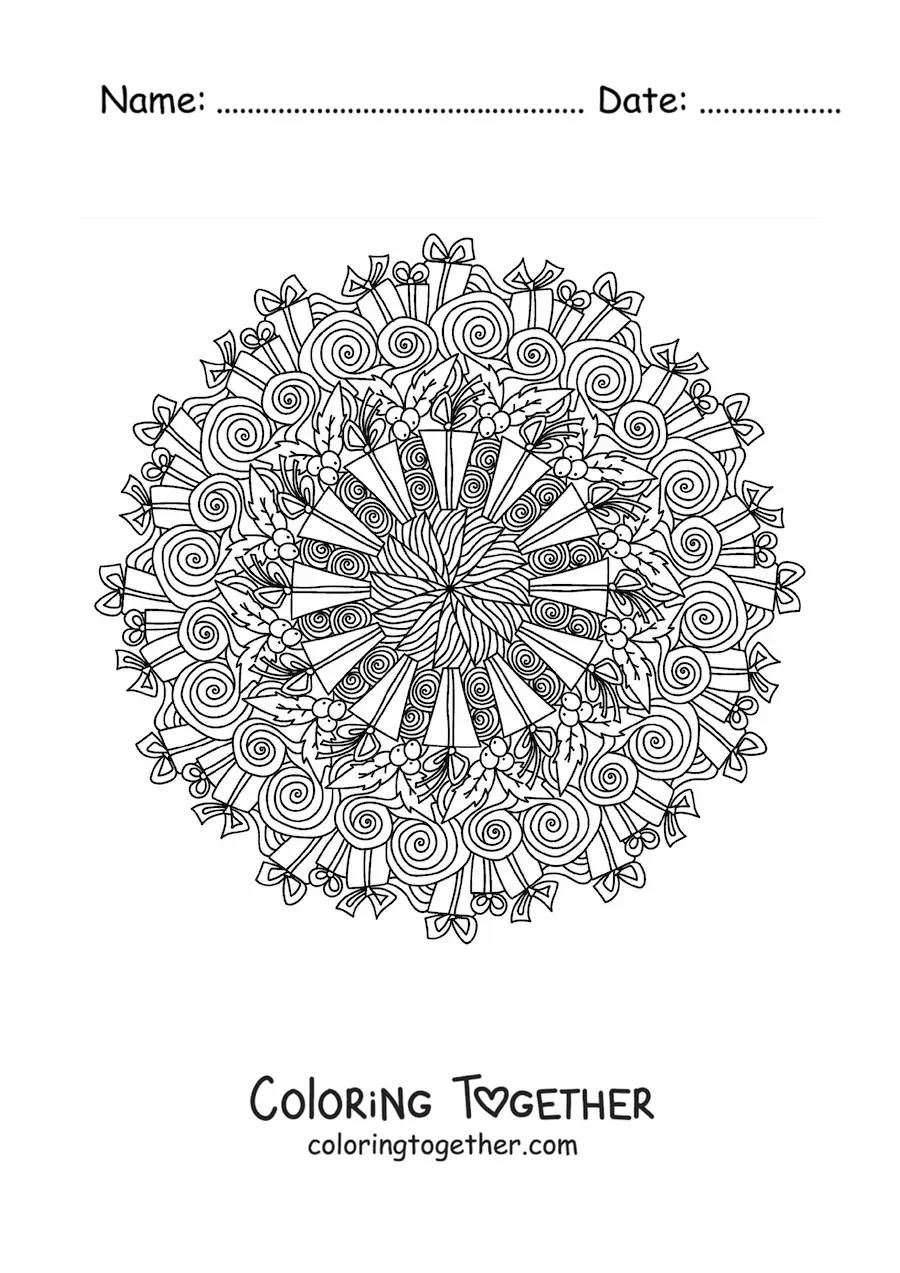 Coloring page of a Christmas mandala with gifts