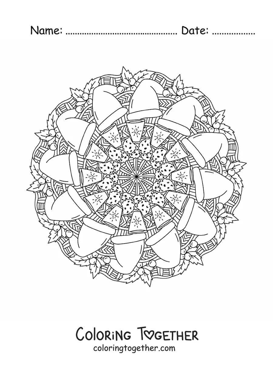 Coloring page of a Christmas mandala with hats