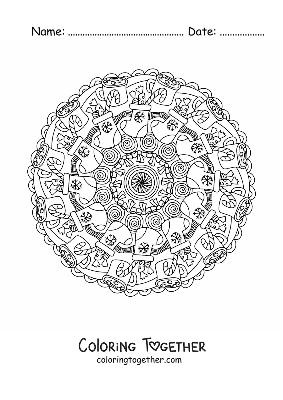 Coloring page of a Christmas mandala with candy-filled stockings