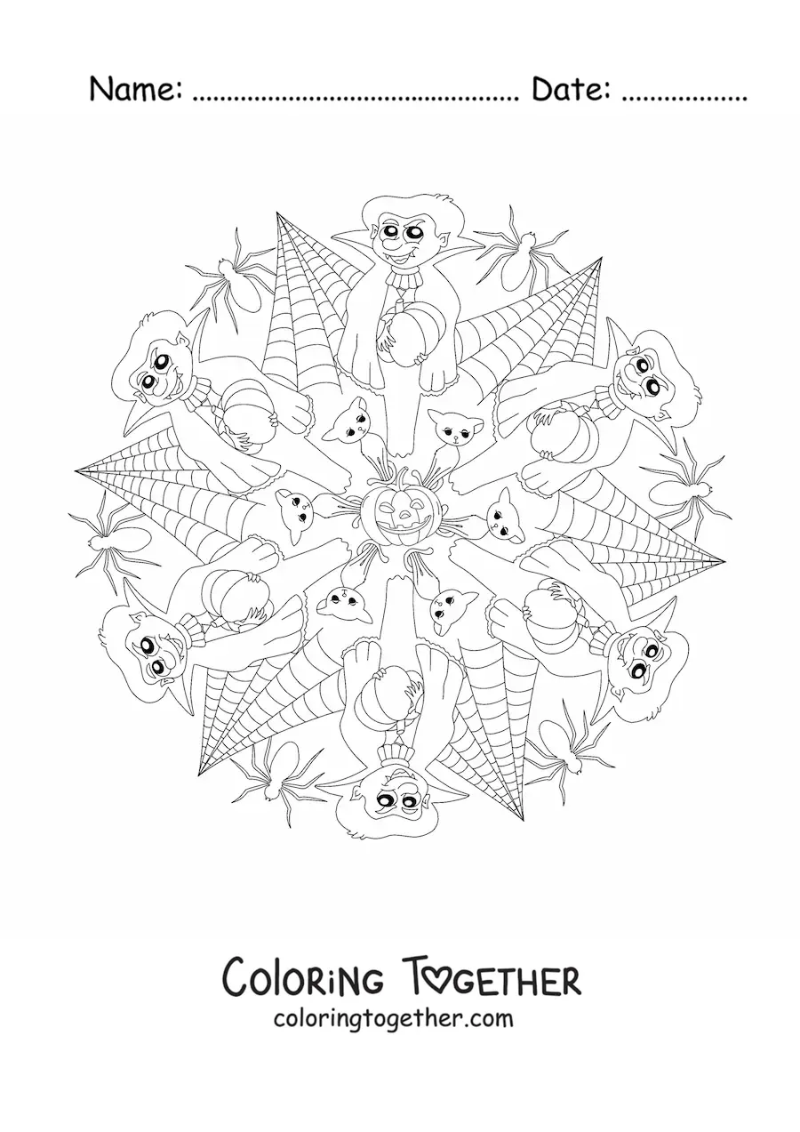 Coloring page of a Halloween mandala with vampires