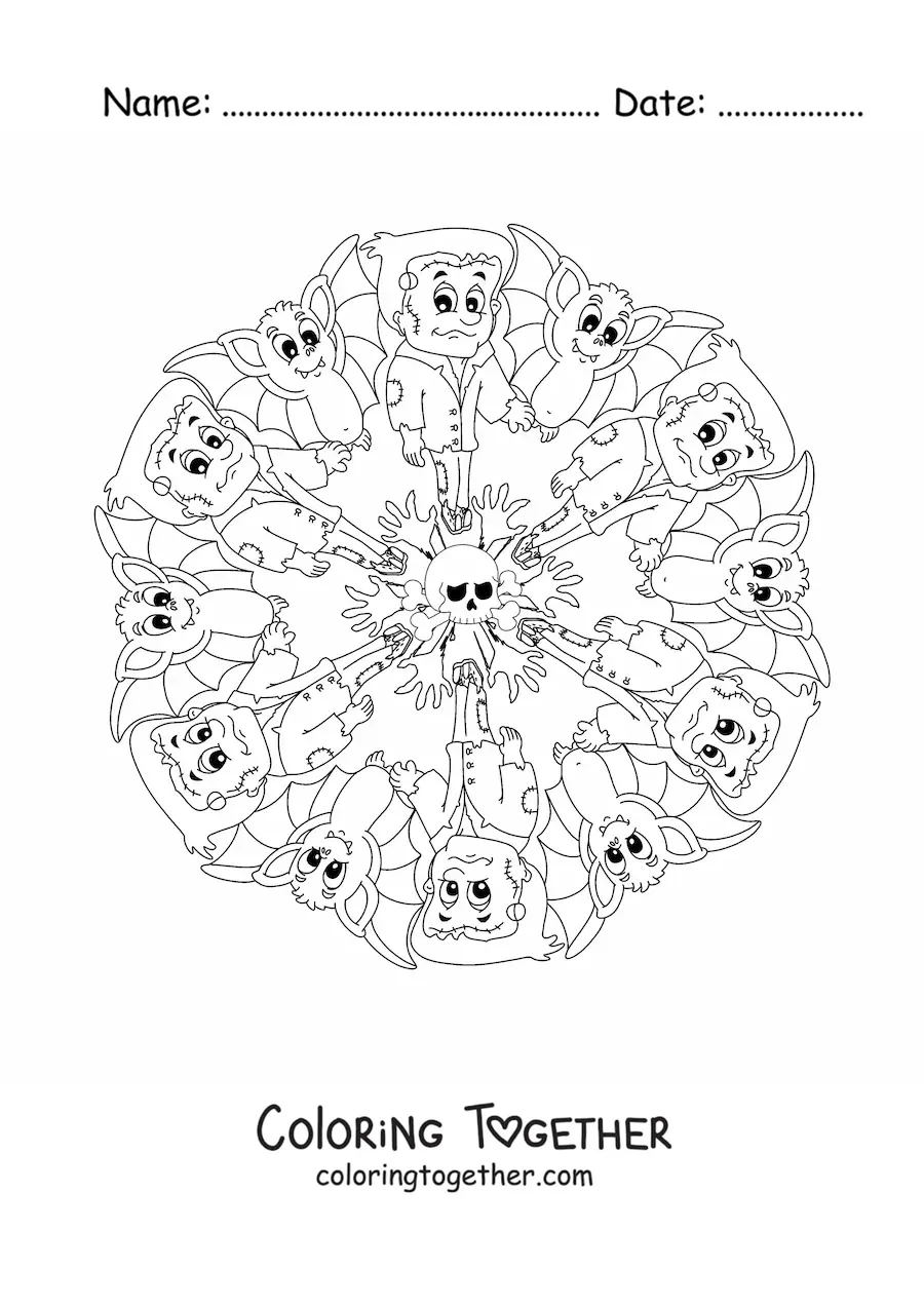 Coloring page of a Halloween mandala with Frankenstein and a skull