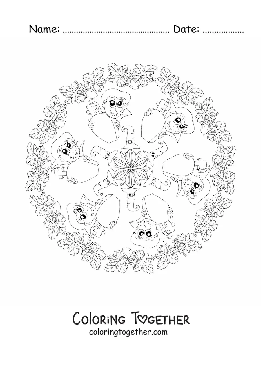 Coloring page of a Halloween mandala with a vampire and a coffin
